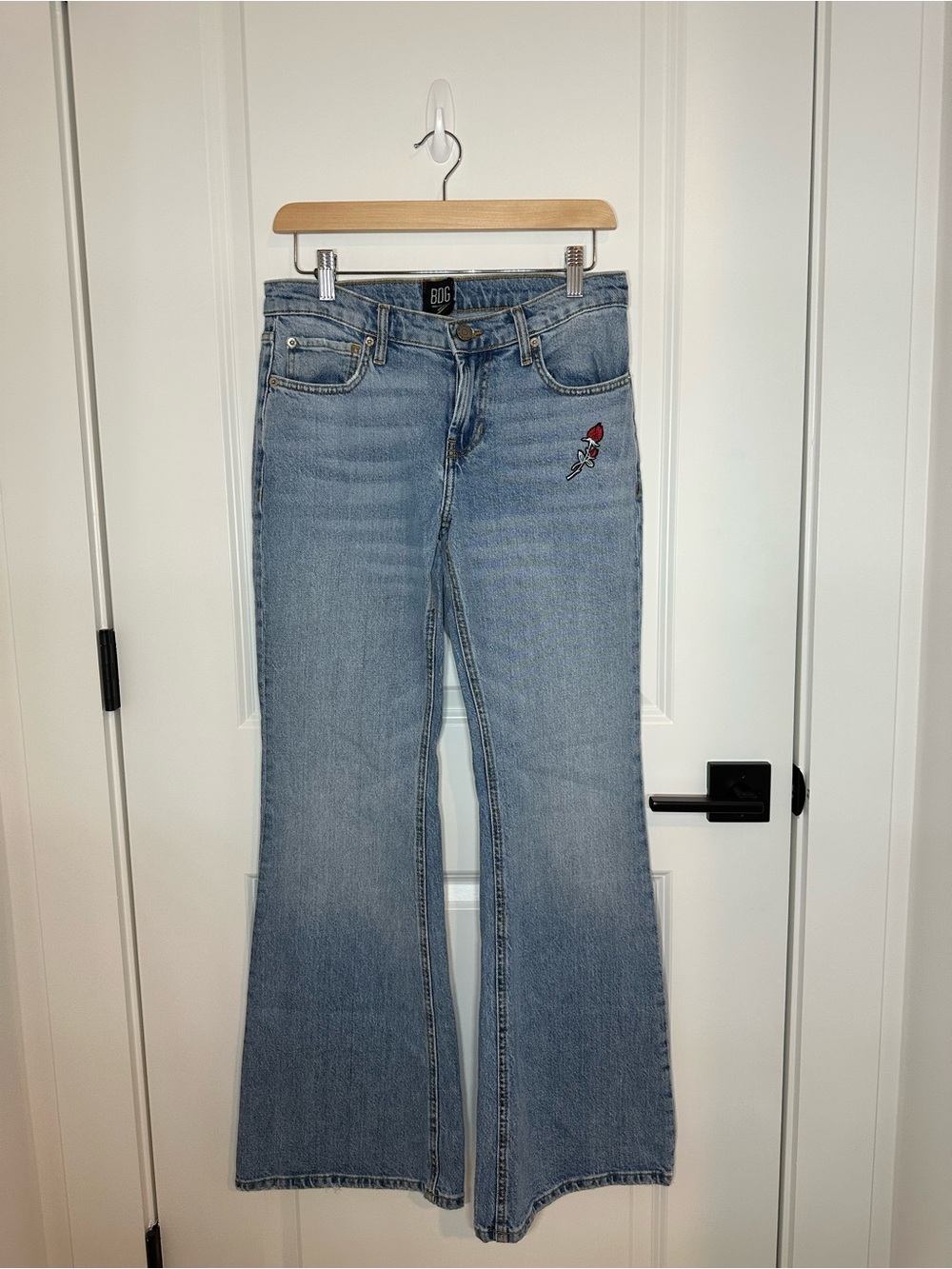 BDG Light Blue Flare Jeans with Rose Patch